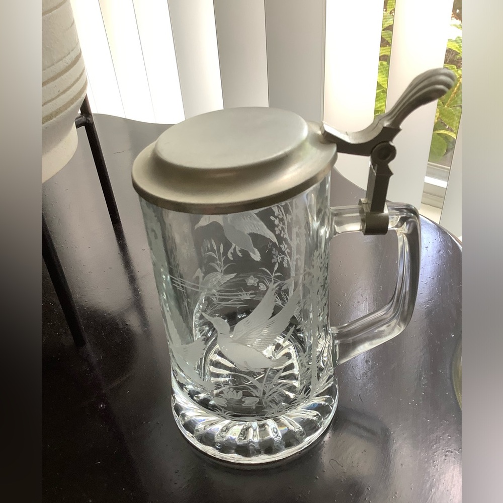 Vintage Etched Glass Beer Stein With Pewter Lid